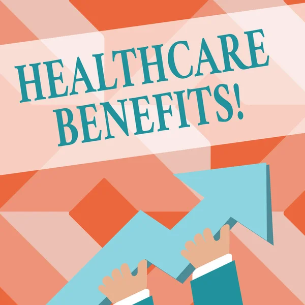Writing note showing Healthcare Benefits. Business photo showcasing monthly fair market valueprovided to Employee dependents photo of Hand Holding Colorful Huge 3D Arrow Pointing and Going Up. — 스톡 사진