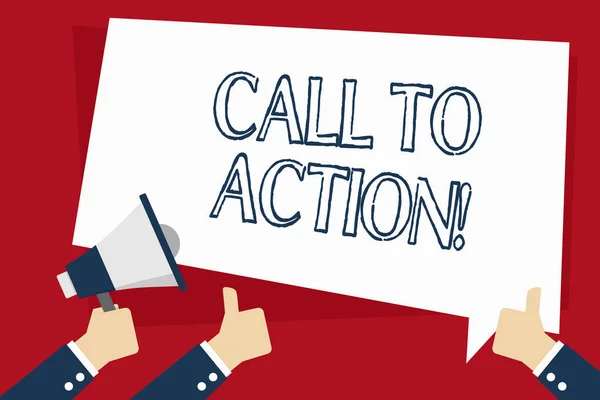Ordskrivning text Call To Action. Affärsidé för uppmaning göra något för att uppnå mål med problem Hand Holding Megafon och andra två Gesturing tummar upp med text ballong. — Stockfoto