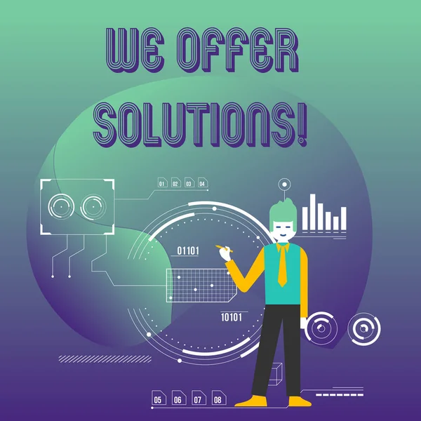 Writing note showing We Offer Solutions. Business photo showcasing way to solve problem or deal with difficult situation Man Holding Pen Pointing to Chart Diagram SEO Process Icons. — 스톡 사진