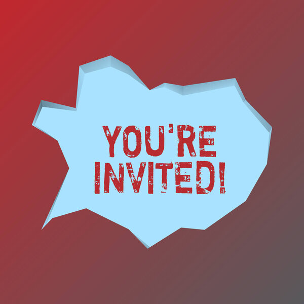 Текст почерка, который ты приглашаешь. Концепция смысл сделать вежливый дружеский запрос к кому-то пойти куда-то пустой бледно-синий пузырь речи в неправильной резки края формы 3D стиль
.