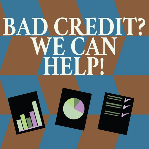 Word writing text Bad Credit Question We Can Help. Business concept for offering help after going for loan then rejected Presentation of Bar, Data and Pie Chart Diagram Graph Each on White Paper.