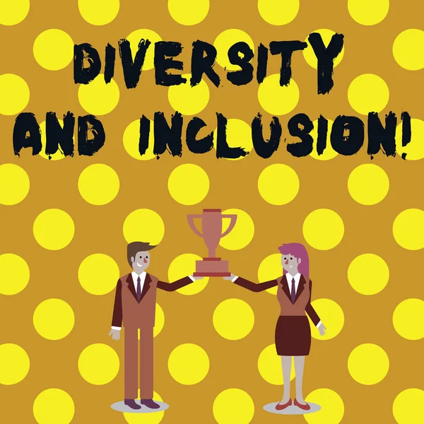 Word writing text Diversity And Inclusion. Business concept for range huanalysis difference includes race ethnicity gender Man and Woman in Business Suit Holding Together the Championship Trophy Cup.