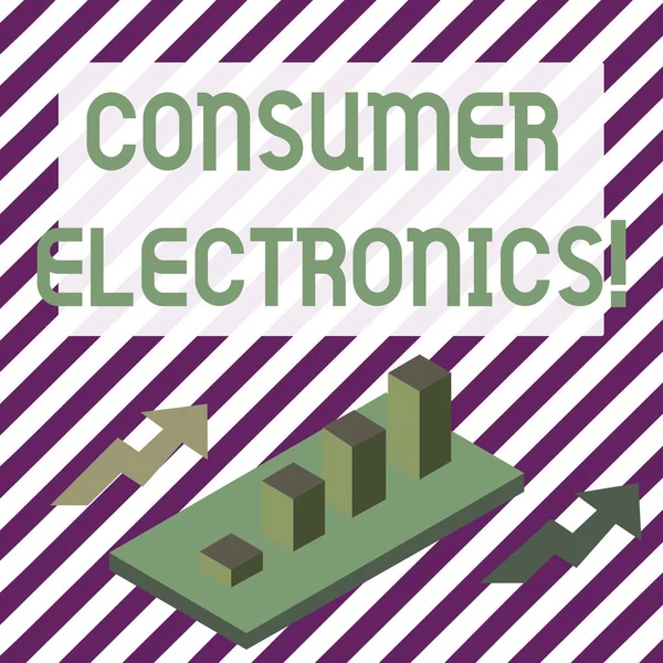 Käsiala tekstiä kirjallisesti Consumer Electronics. Käsitteen merkitys kuluttajille päivittäisiin ja ei-kaupallisiin tarkoituksiin Värikäs Clustered 3D Bar Chart Kaavio Perspective with Two Arrows . — kuvapankkivalokuva