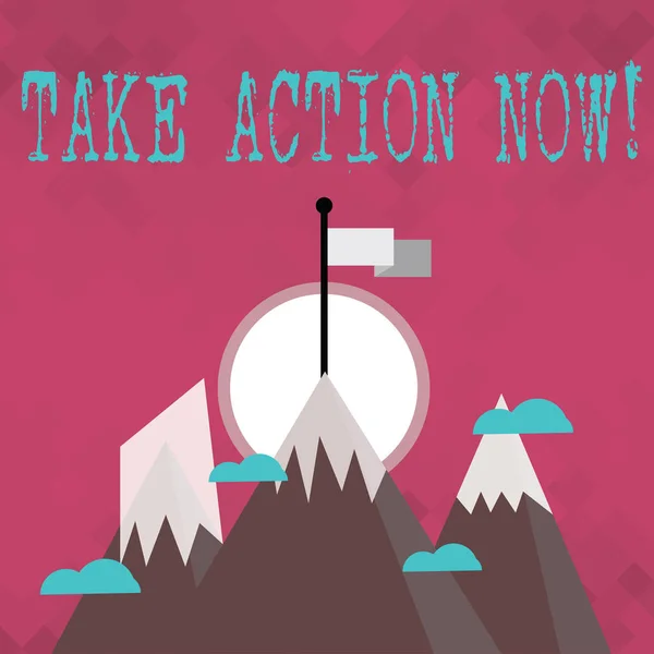 Writing note showing Take Action Now. Business photo showcasing do something official or concerted achieve aim with problem Three High Mountains with Snow and One has Flag at the Peak. — Stock Photo, Image