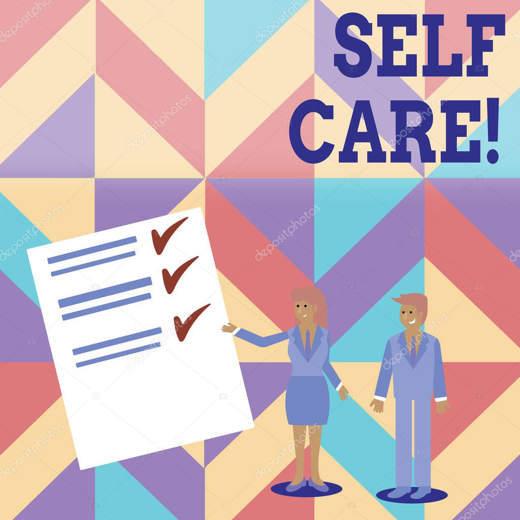 Conceptual hand writing showing Self Care. Business photo text practice of taking action preserve or improve ones own health Man and Woman Presenting Report of Check and Lines on Paper.