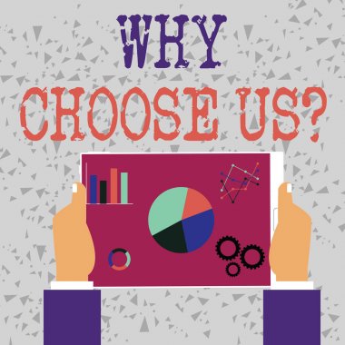 Kelime yazma metni Neden bizi seç sorusu. Ürün servisi Eller Tableti Arama Motorunu İyimseme Sürücüsü Simgeleri ile birlikte seçme avantajları ve dezavantajları listesi için iş konsepti