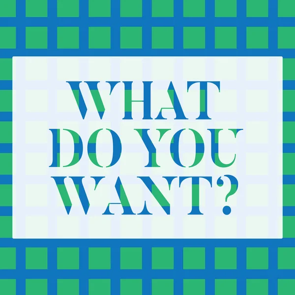 Conceptual hand writing showing What Do You Want Question. Business photo text say or write in order to ask demonstrating about something Seamless Green Square Tiles in Rows and Columns Creating Blue