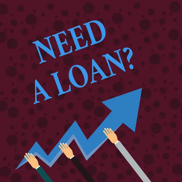 Conceptual hand writing showing Need A Loan Question. Business photo showcasing asking he need money expected paid back with interest Hands Holding Zigzag Lightning Arrow Pointing and Going Up. — Stok fotoğraf