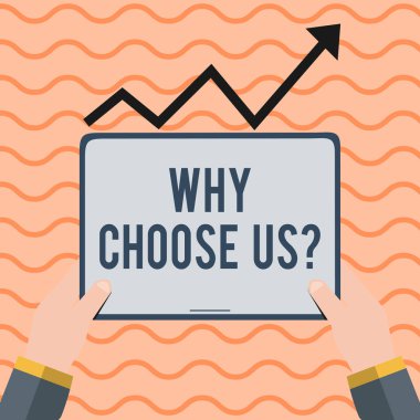 Kelime yazma metni Neden bizi seç sorusu. Siyah İlerici Ok Altında Elle Ekran Tableti Seçme Avantajları ve dezavantajları listesi iş konsepti