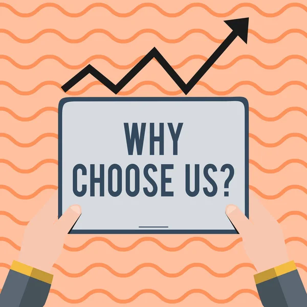 Kelime yazma metni Neden bizi seç sorusu. Siyah İlerici Ok Altında Elle Ekran Tableti Seçme Avantajları ve dezavantajları listesi iş konsepti