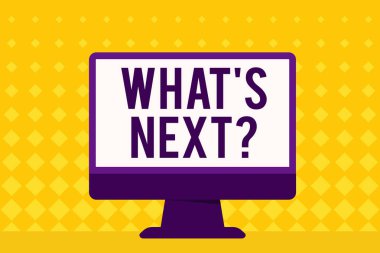 S sonraki soruya ne gösterilen metin işareti. Kavramsal fotoğraf hakkında onun gelecek eylemleri veya davranışları boş alanı masaüstü bilgisayar renkli monitör ekran duran masada gösteren soran.