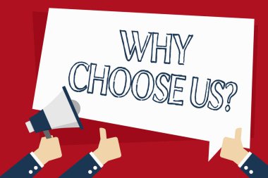 Kelime yazma metni Neden bizi seç sorusu. Ürün servisi Hand Holding Megaphone ve Metin Balonuyla Parmak Kalkma Hareketi Yapan Diğer İki İkili 'nin avantajları ve dezavantajları listesi için iş konsepti