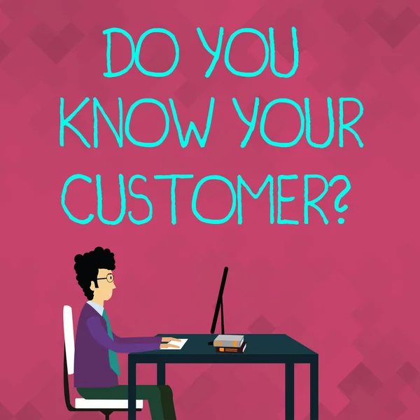 Word writing text Do You Know Your Customer Question. Business concept for service identify clients with relevant information Businessman Sitting Straight on Chair Working on Computer and Books on — 스톡 사진