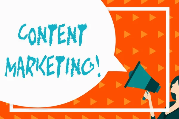 stock image Writing note showing Content Marketing. Business photo showcasing involves creation and sharing of online material Speech Bubble Round Shape. Woman Holding Colorful Megaphone.