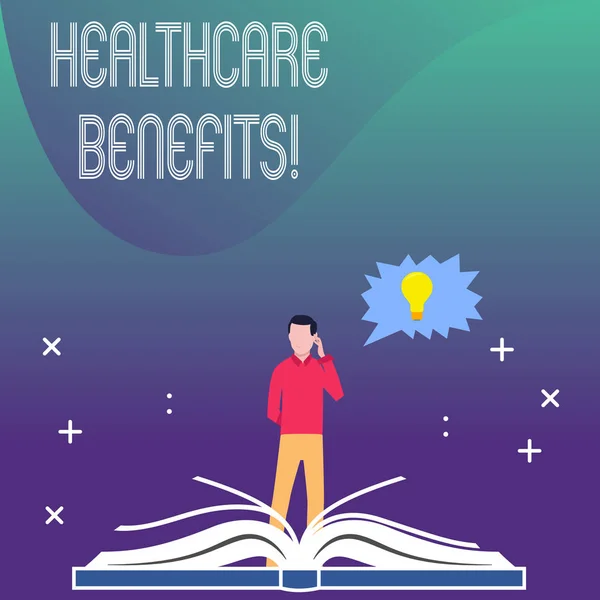 Writing note showing Healthcare Benefits. Business photo showcasing monthly fair market valueprovided to Employee dependents Man Standing Behind Open Book Jagged Speech Bubble with Bulb. — 스톡 사진