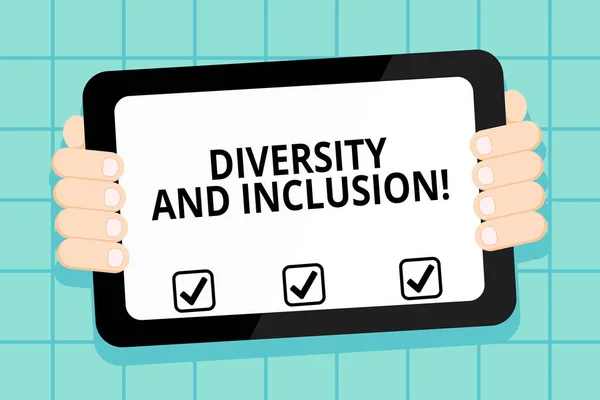 Conceptual hand writing showing Diversity And Inclusion. Business photo showcasing range huanalysis difference includes race ethnicity gender Color Tablet Smartphone with Screen Handheld Back of