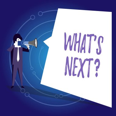 Sıradaki soruyu gösteren bir not yazıyorum. İş fotoğrafçılığı, yaklaşan eylem ve davranışlarını gösteriyor. İş adamı Megafon ve Beyaz Konuşma Baloncuğu 'nda bağırıyor..