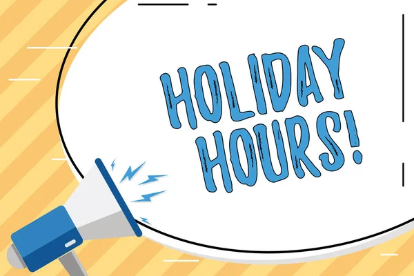 Word writing text Holiday Hours. Business concept for Overtime work on for employees under flexible work schedules Blank White Huge Oval Shape Sticker and Megaphone Shouting with Volume Icon. — Stock Photo, Image