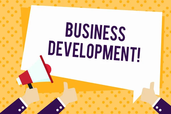 Writing note showing Business Development. Business photo showcasing pursuing strategic opportunities for a certain business Hand Holding Megaphone and Gesturing Thumbs Up Text Balloon. — Stock Photo, Image