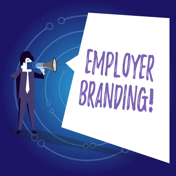 Writing note showing Employer Branding. Business photo showcasing promoting company employer choice to desired target group Businessman Shouting on Megaphone and White Speech Bubble.