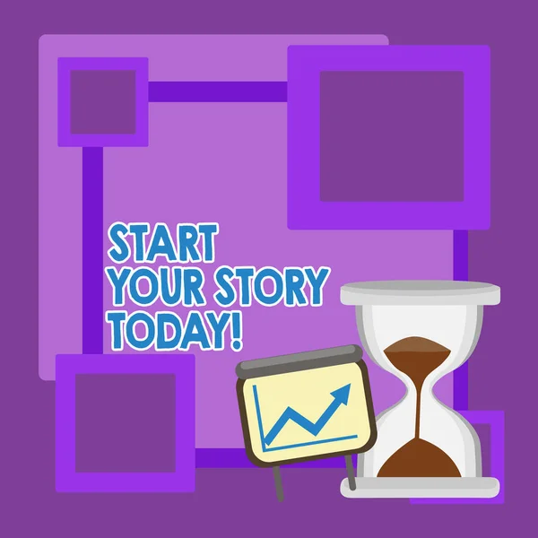 Handwriting text Start Your Story Today. Concept meaning work hard on yourself and begin from this moment Successful Growth Chart with Arrow Going Up and Hourglass with Sand Sliding. — Stock Photo, Image