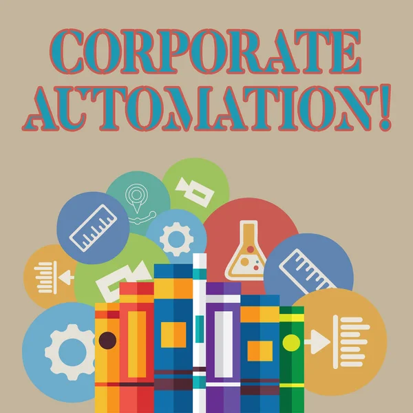 Texte d'écriture Word Corporate Automation. Concept d'entreprise pour automatiser les processus clés grâce à la technologie informatique Livres rangés debout avec des icônes éducatives assorties Derrière . — Photo