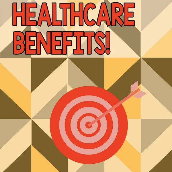 Word writing text Healthcare Benefits. Business concept for monthly fair market valueprovided to Employee dependents Color Dart Board in Concentric Style with Arrow Hitting the Center Bulls Eye. — 스톡 사진