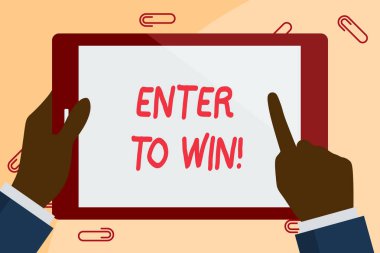 Enter To Win 'i gösteren not yazılıyor. Ticari fotoğraf sergisi ödüllü iş adamı El Tutuşu ve Renkli Tablet Ekranı ödülleri karşılığında değerli bir şey takas ediyor..