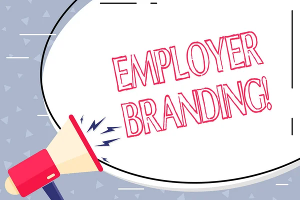 Text sign showing Employer Branding. Conceptual photo promoting company employer choice to desired target group Blank White Huge Oval Shape Sticker and Megaphone Shouting with Volume Icon.