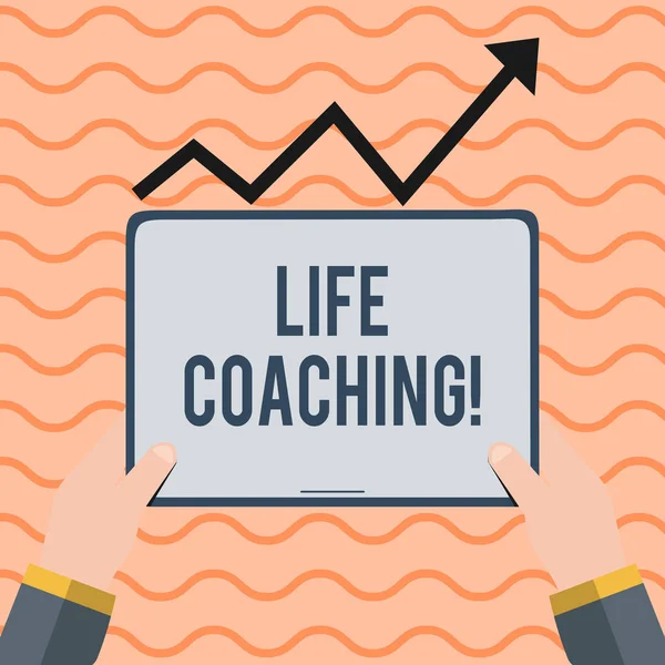 Word writing text Life Coaching. Business concept for demonstrating employed to help showing attain their goals in career Hand Holding Blank Screen Tablet under Black Progressive Arrow Going Upward.