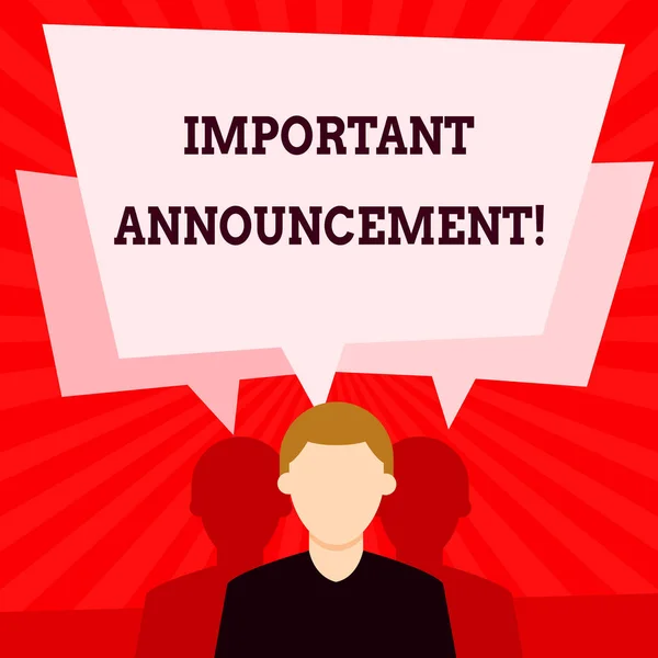 Handwriting text writing Important Announcement. Concept meaning spoken statement that tells showing about something Faceless Man has Two Shadows Each has Their Own Speech Bubble Overlapping. — Stock Photo, Image