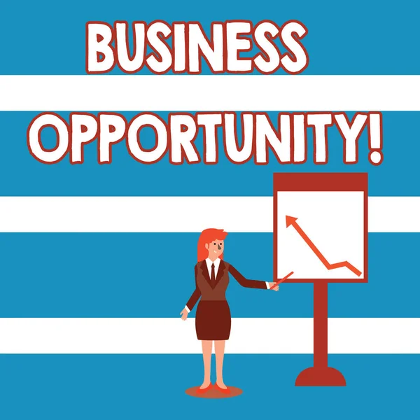 Text sign showing Business Opportunity. Conceptual photo investment that allows the buyer to begin a business Businesswoman Holding Stick Pointing to Chart of Arrow Upward on Whiteboard. — Stockfoto