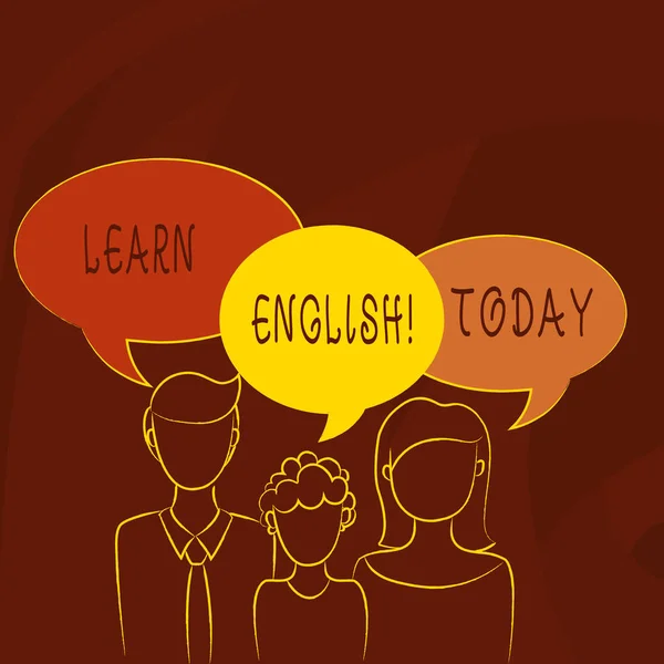 Conceptual hand writing showing Learn English. Business photo text gain acquire knowledge in new language by study Family of One Child Between Father and Mother Speech Bubble. — Stock Photo, Image