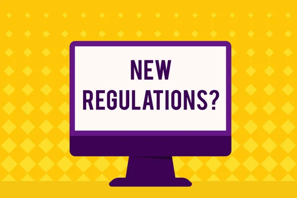 Text sign showing New Regulations Question. Conceptual photo rules made government order control way something is done Blank Space Desktop Computer Colorful Monitor Screen Freestanding on Table.