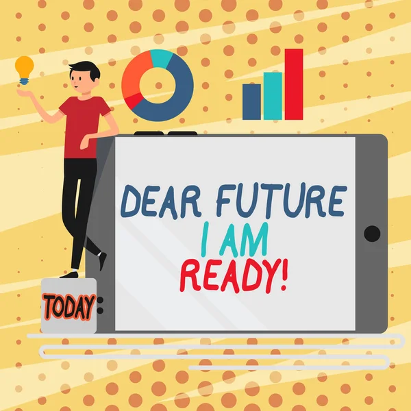 Conceptual hand writing showing Dear Future I Am Ready. Business photo showcasing state action situation being fully prepared Man Leaning on Smartphone Turned on Side Graph and Idea Icon. — Stock Photo, Image