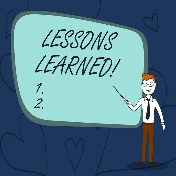 Text sign showing Lessons Learned. Conceptual photo experiences distilled project that should actively taken Confident Man in Tie, Eyeglasses and Stick Pointing to Blank Colorful Board.