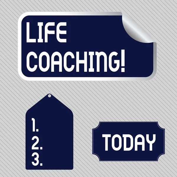 Text sign showing Life Coaching. Conceptual photo demonstrating employed to help showing attain their goals in career Blank Color Label, Self Adhesive Sticker with Border, Bended Corner and Tag.