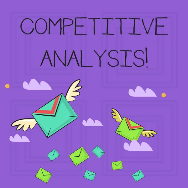 Writing note showing Competitive Analysis. Business photo showcasing Strategic technique used to evaluate outside competitor Colorful Airmail Letter Envelopes and Two of Them with Wings. — 스톡 사진