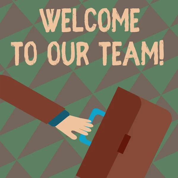 Text sign showing Welcome To Our Team. Conceptual photo introducing another demonstrating to your team mates Rushing Businessman Arm Swayed Farther Back and Hand Holding Color Briefcase. — Stock Photo, Image