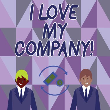 I Love My Company gösteren kavramsal el yazısı. İş fotoğraf metin neden İşadamları Arasında Dönen Oklar Dolar İşareti kendi iş ve işyeri Para hayran anlatmak.
