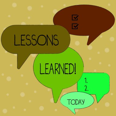 Öğrenilen Dersleri gösteren metin işareti. Kavramsal fotoğraf deneyimleri aktif Grup Tartışma için Farklı Boyutlarda ve Gölge Birçok Renk Konuşma Bubble alınmalıdır damıtılmış proje.