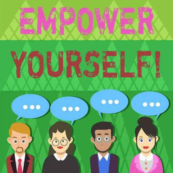 Text sign showing Empower Yourself. Conceptual photo taking control of our life setting goals and making choices Group of Business People with Blank Color Chat Speech Bubble with Three Dots. — 图库照片