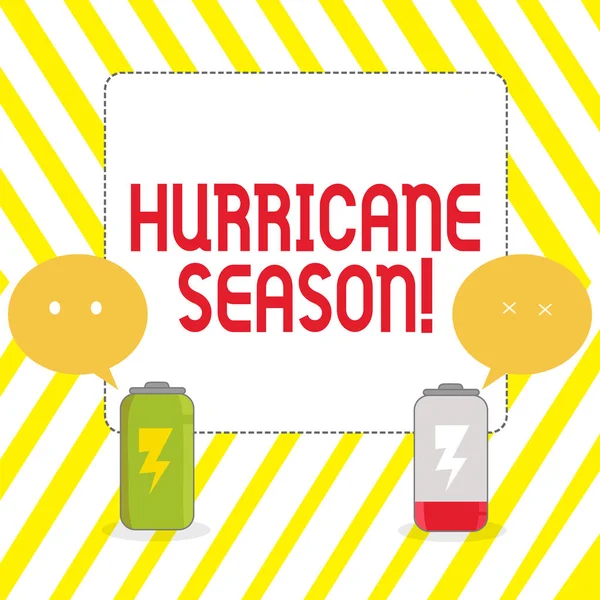 Koncepcyjny pisanie ręczne pokazujące Hurricane Season. Business Photo gablota czas, gdy większość tropikalnych cyklonów oczekuje się rozwijać w pełni naładuj i absolutorium bateria z emoji Speech Bubble. — Zdjęcie stockowe