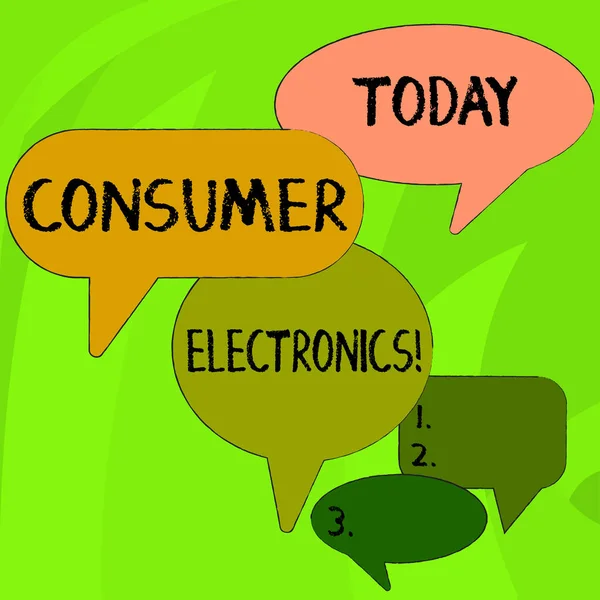 Conceptual hand writing showing Consumer Electronics. Business photo text consumers for daily and noncommercial purposes Speech Bubble in Different Sizes and Shade Group Discussion.