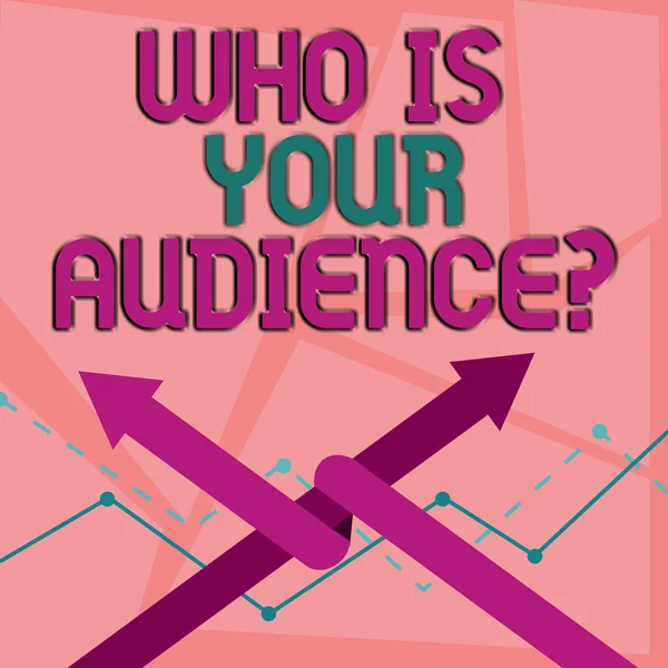 Word writing text Who Is Your Audience Question. Business concept for who is watching or listening to it Two Arrows where One is Intertwined to the other as Team Up or Competition.