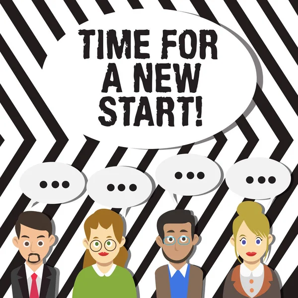 Handwriting text Time For A New Start. Concept meaning something is supposed to begin right now Fresh job Group of Business People with Blank Color Chat Speech Bubble with Three Dots. — Stock Photo, Image