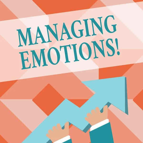 Escrevendo nota mostrando Managing Emotions. Foto de negócios mostrando capacidade estar aberto a sentimentos e modulá-los em si mesmo foto de mão segurando colorido enorme seta 3D Apontando e subindo . — Fotografia de Stock