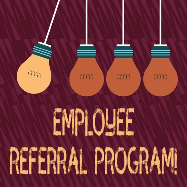 Text sign showing Employee Referral Program. Conceptual photo internal recruitment method employed by organizations Color Incandescent Pendant Bulb Hanging with One Different Shade Lightbulb. — Stock fotografie