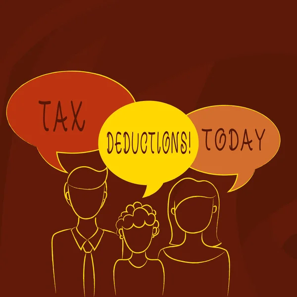 Conceptual hand writing showing Tax Deductions. Business photo text reduction income that is able to be taxed of expenses Family of One Child Between Father and Mother Speech Bubble. — Stock Photo, Image