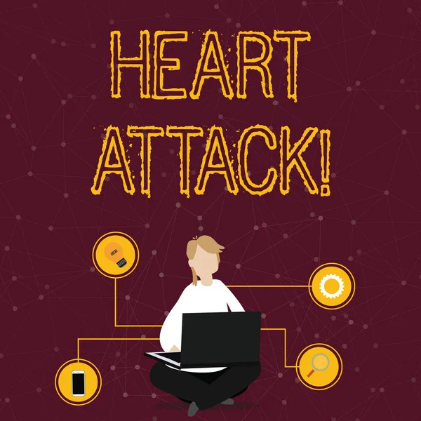 Word writing text Heart Attack. Business concept for sudden occurrence of coronary thrombosis resulting in death Woman Sitting Crossed Legs on Floor Browsing the Laptop with Technical Icons. — 스톡 사진